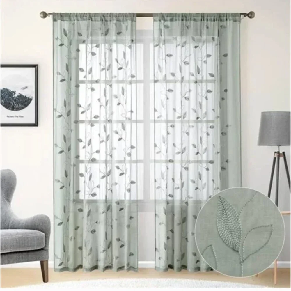 Sage Green Sheer Curtains 52 X 84 Inches Long 2 Panels Embroidered Leaf Pattern